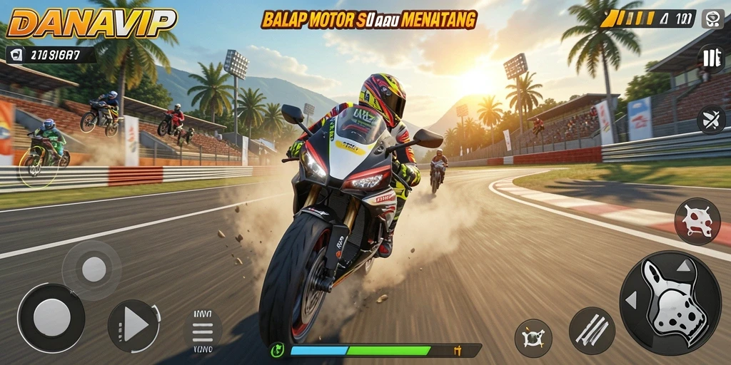 Screenshot menampilkan gameplay balap motor yang seru dan mendebarkan.