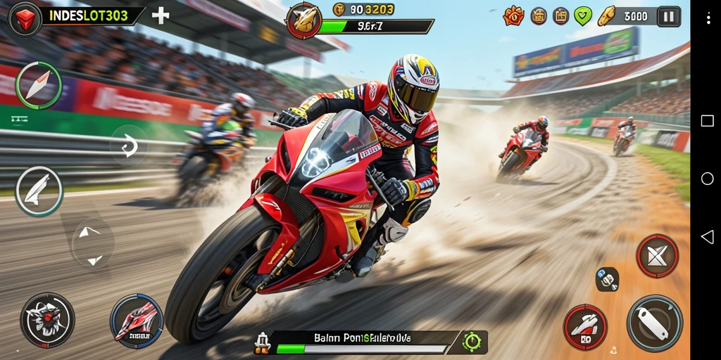 Tampilan gameplay seru di INDESLOT303 dengan aksi balapan motor cepat.