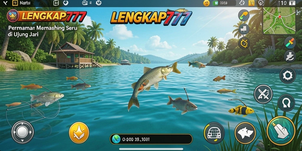 Screenshot menunjukkan pemain menangkap ikan besar dalam permainan memancing.