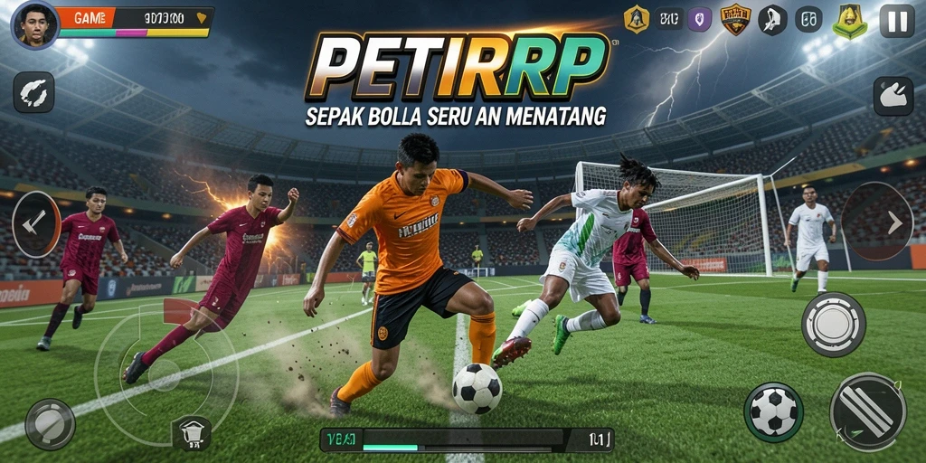 Tampilan seru gameplay PETIRRP yang penuh aksi sepak bola.