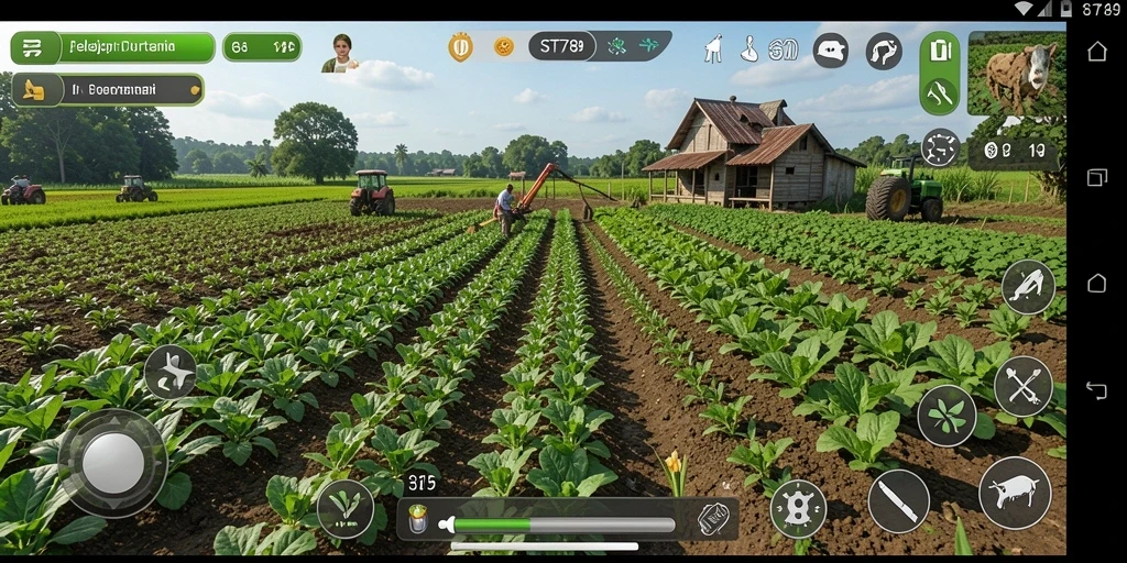 Tampilan gameplay ST789 dengan suasana pertanian yang hijau dan subur.